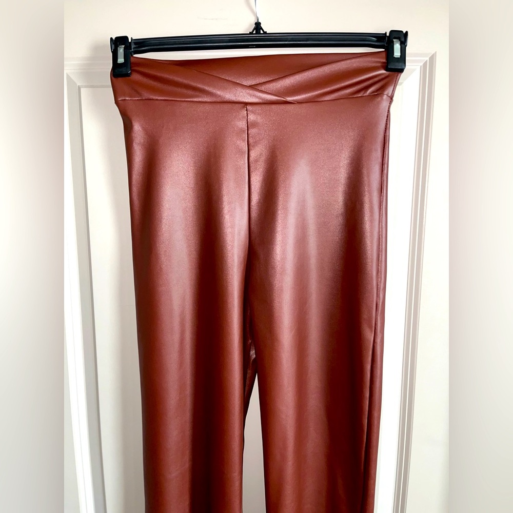 Pretty Little Thing Womens Pants Skinny Faux Leather Brown Elastic Waist